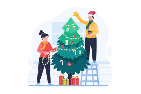 Couple Decorating a Christmas Tree Together